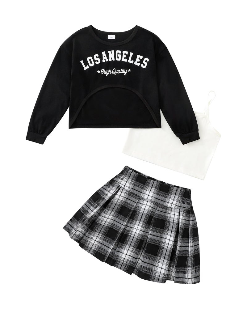 Yhnslsf Girls Outfits 3 Piece Clothing Set Size 10-12 Black Girls Tank Tops Plaid Mini Skirt Long Sleeve Letter Print Crop Sweatshirt Teen Clothes Size 11 for Girl Fall Winter Plaid Skirts Suit - Image 1