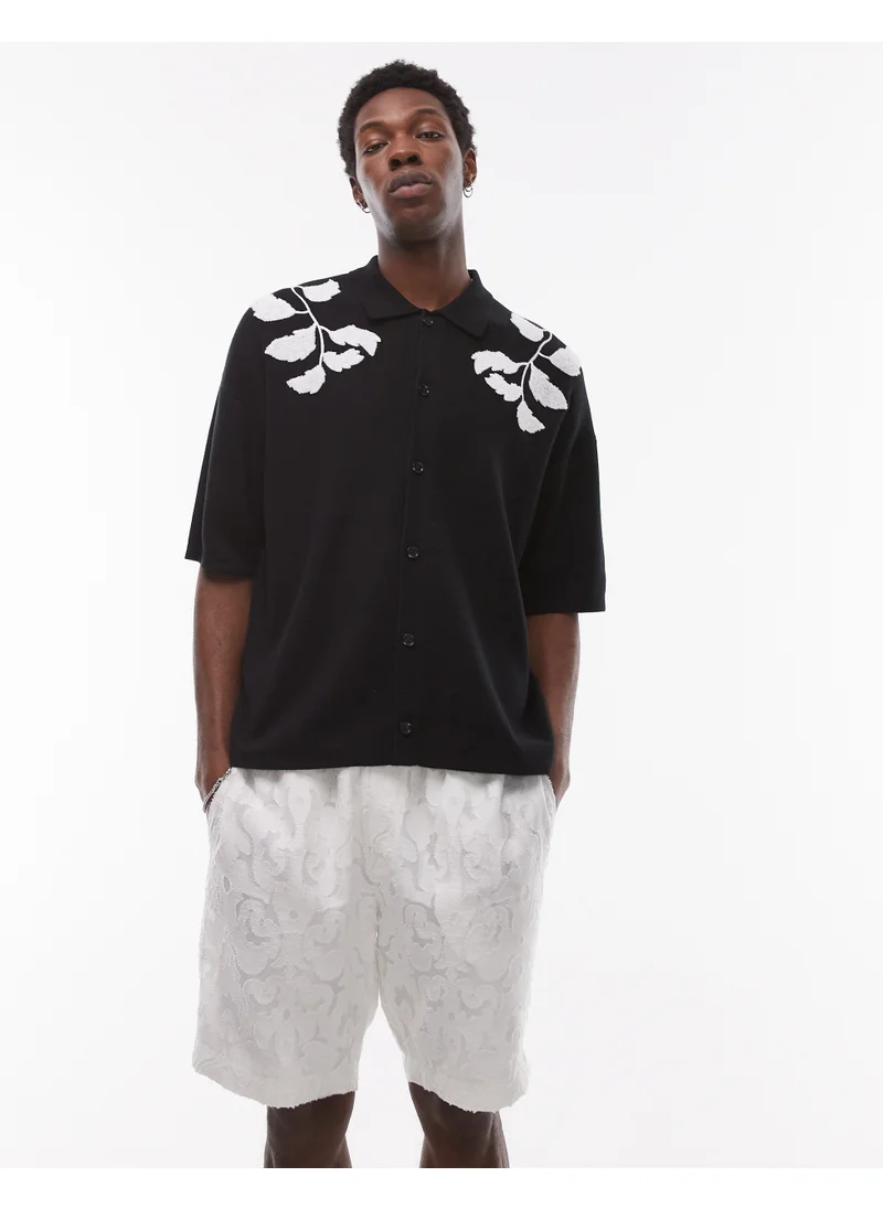 توب مان Topman Embroidered Floral Knitted Shirt In Black A