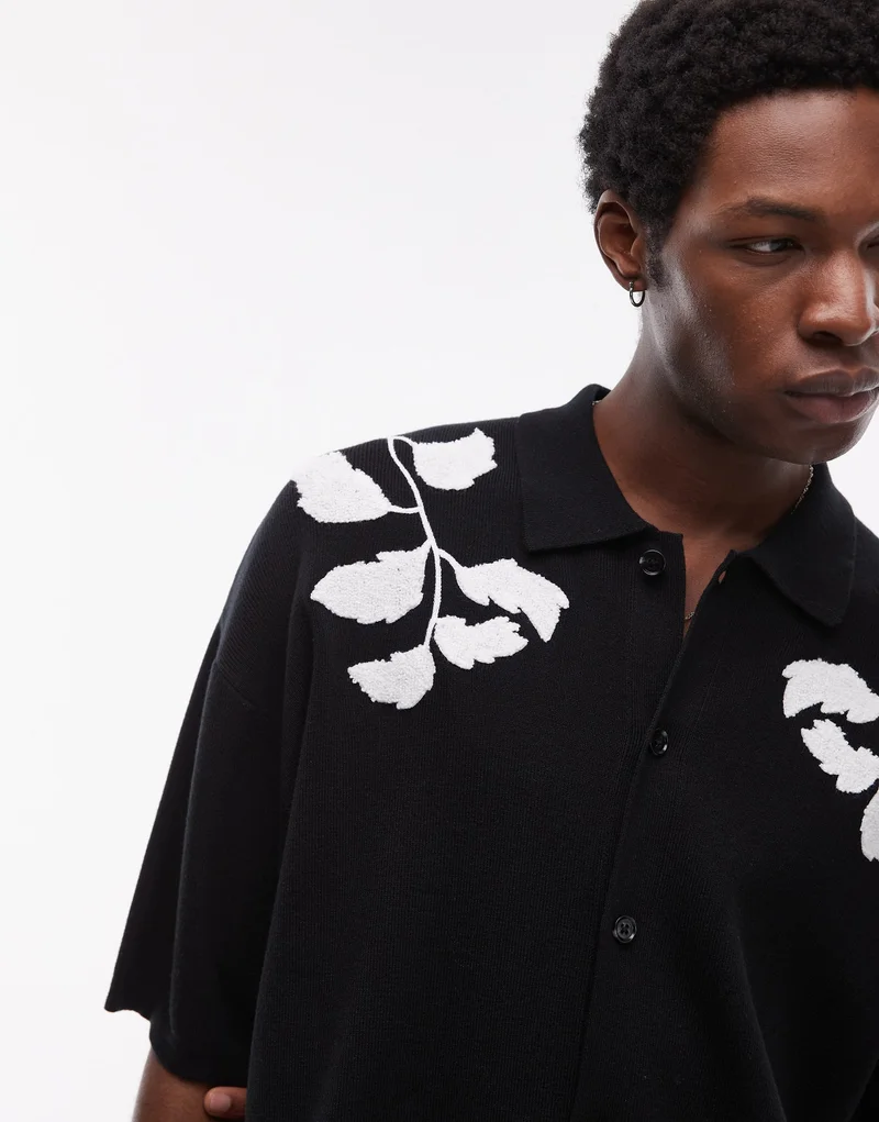 TOPMAN Topman Embroidered Floral Knitted Shirt In Black A