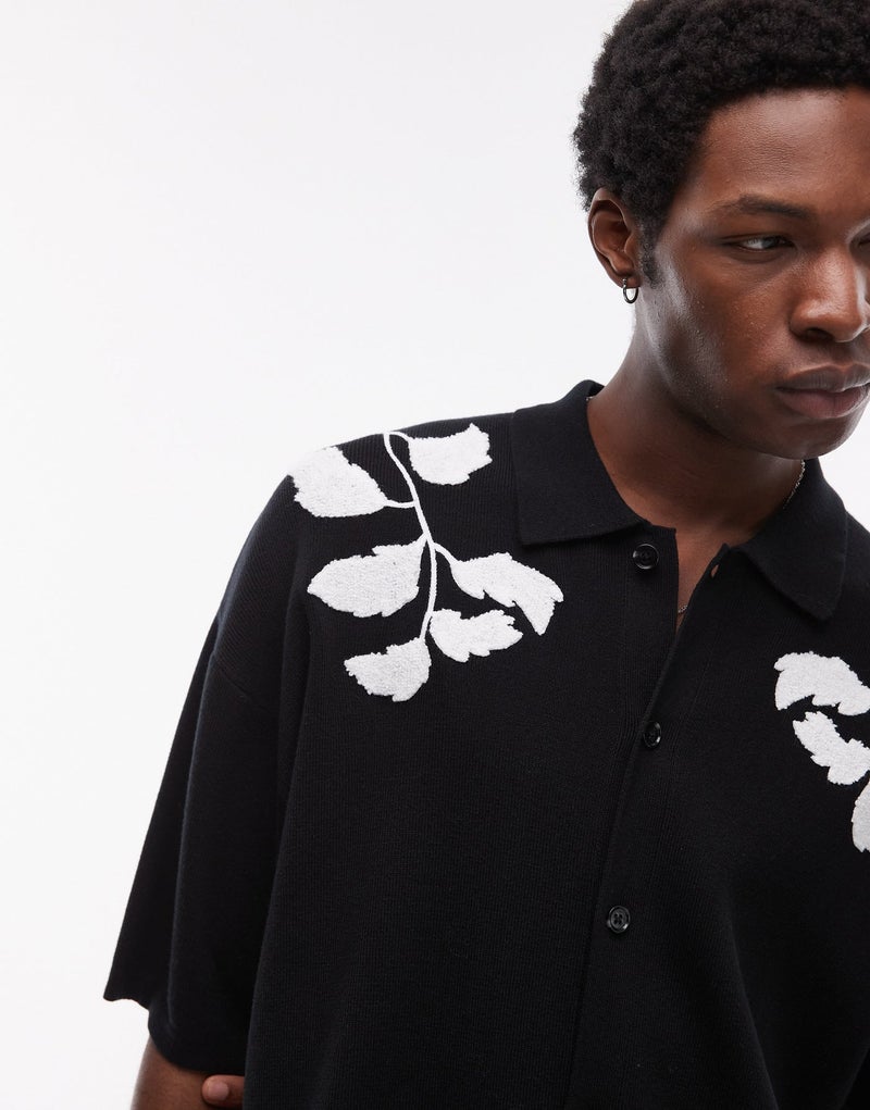 Topman Embroidered Floral Knitted Shirt In Black A - Image 1