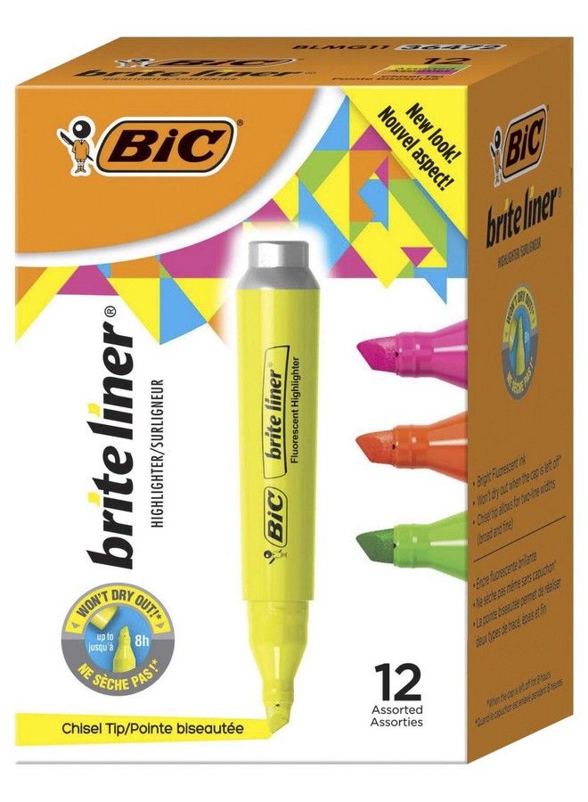 Bic Brite Liner Highlighter Tank Style Chisel Tip Box Of 12 Assorted Fluorescent Highlighters - Image 1