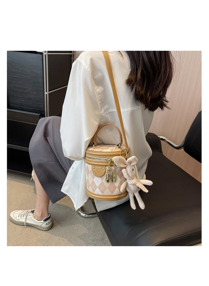 Excefore Women Quilted Lattice Crossbody Bag, Faux Leather Bucket Bag Shoulder Bag, Small Tote Square Satchel Handbags with Bunny Doll Pendant, Suitable for Traveling, Shopping - Image 4