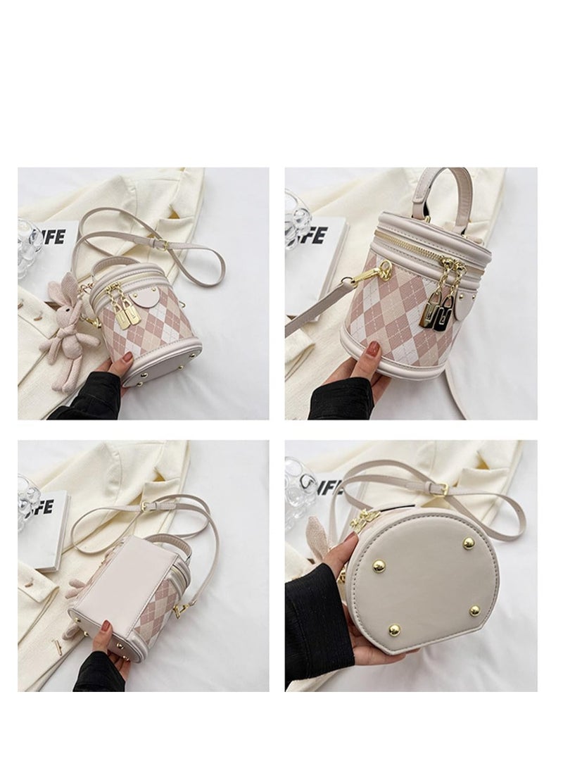 Excefore Women Quilted Lattice Crossbody Bag, Faux Leather Bucket Bag Shoulder Bag, Small Tote Square Satchel Handbags with Bunny Doll Pendant, Suitable for Traveling, Shopping - Image 5