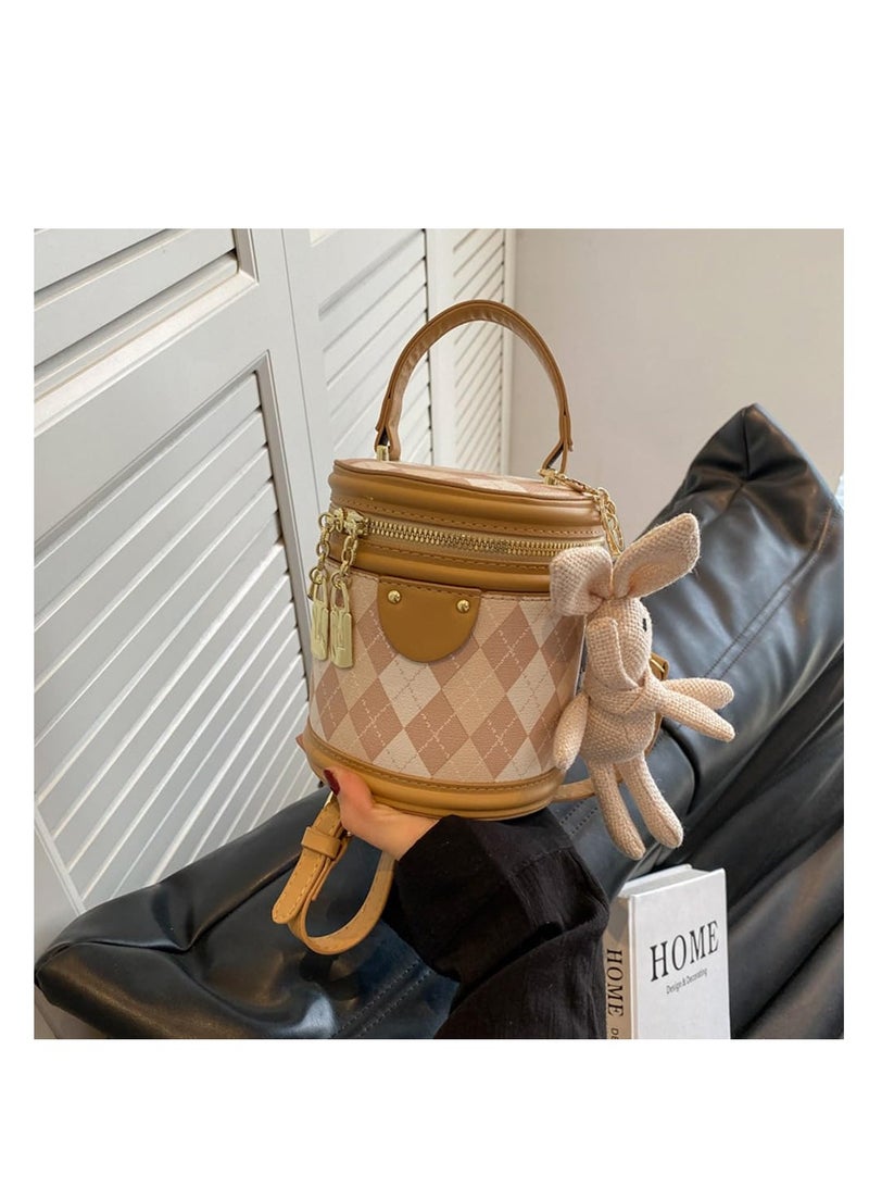 Excefore Women Quilted Lattice Crossbody Bag, Faux Leather Bucket Bag Shoulder Bag, Small Tote Square Satchel Handbags with Bunny Doll Pendant, Suitable for Traveling, Shopping - Image 3