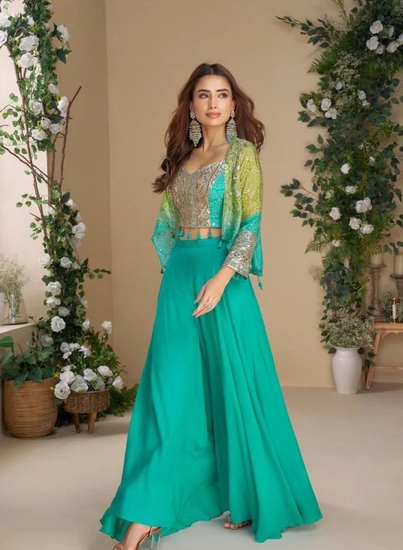 أميا Heavy Embroidered Chinon Silk Readymade Sarara Suit