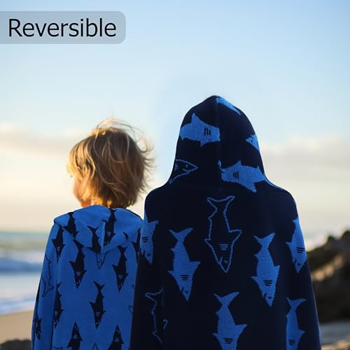 ORIGINAL KIDS Hooded Bath Towel Wrap Shark Attack 100 Cotton Jacquard Reversible Large Hooded Kids Towel Toddler Shower Pool Beach Towel Soft Plush Absorbent Quick Dry Gift 26x50 Blue Navy - Image 3