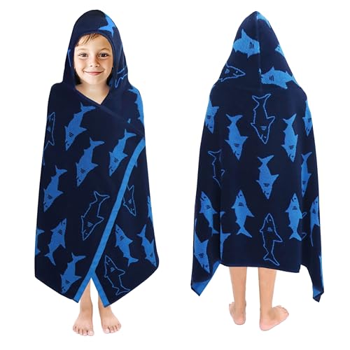 ORIGINAL KIDS Hooded Bath Towel Wrap Shark Attack 100 Cotton Jacquard Reversible Large Hooded Kids Towel Toddler Shower Pool Beach Towel Soft Plush Absorbent Quick Dry Gift 26x50 Blue Navy - Image 1