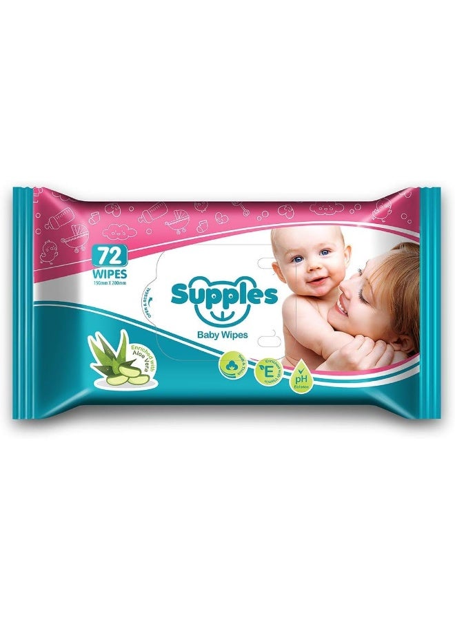 Supples Baby Wet Wipes with Aloe Vera and Vitamin E, 72 Pieces, White - Image 1