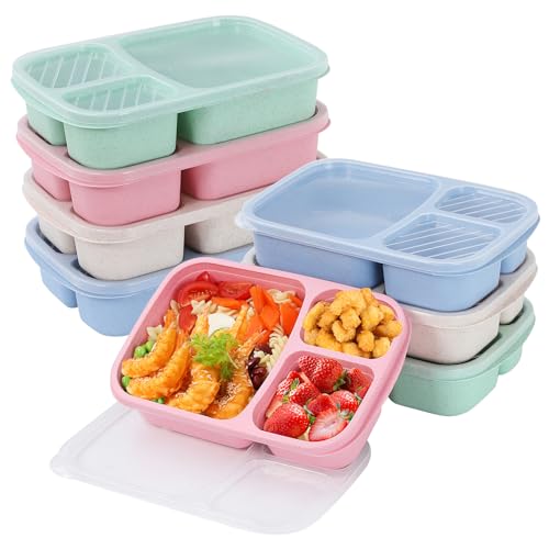 buluker 8 Pack Bento Lunch Box Set 3 Compartment Wheat Straw Meal Prep Food Storage Containers Plastic, Microwave and Dishwasher Safe(light colour) - Image 1