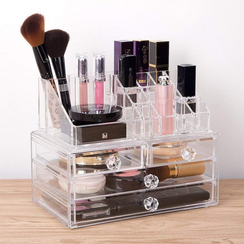 ONTRIP ONTRIP 4 Drawer Crystal Makeup Organizer, Clear Acrylic Cosmetic Makeup Organizer Combo Set of 3 Layer Drawer and 16 pcs Lipstick Holder-1 pcs - Image 5