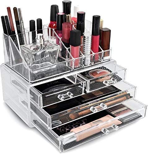 ONTRIP ONTRIP 4 Drawer Crystal Makeup Organizer, Clear Acrylic Cosmetic Makeup Organizer Combo Set of 3 Layer Drawer and 16 pcs Lipstick Holder-1 pcs - Image 1