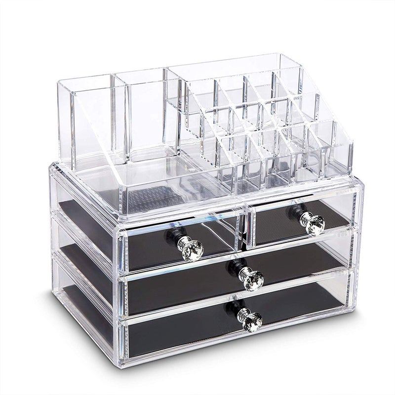ONTRIP ONTRIP 4 Drawer Crystal Makeup Organizer, Clear Acrylic Cosmetic Makeup Organizer Combo Set of 3 Layer Drawer and 16 pcs Lipstick Holder-1 pcs - Image 3