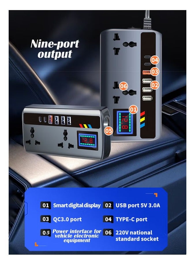 200W Car Power Inverter, Car Electric Outlet Adapter, DC 12/24V to 220V AC , Car Plug Converter with 4 USB Ports and 2 Type-C Ports, Built-in Switch and LCD Current Display, Compatible with Cars and Trucks - Image 3