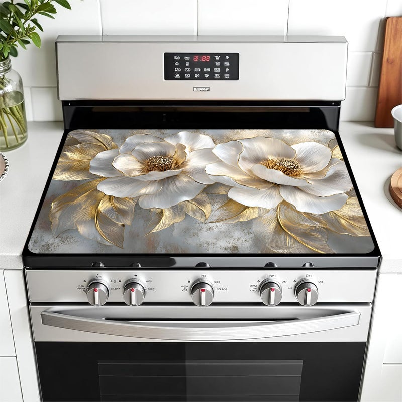 AOHMPT Multi-Design Stove Top Cover for Glass/Electric Stoves - 3-in-1 Heat-Resistant Protector Mat, Non-Slip Drying Rack 28"x20" (Peony, 28" L x 20" W) - Image 1