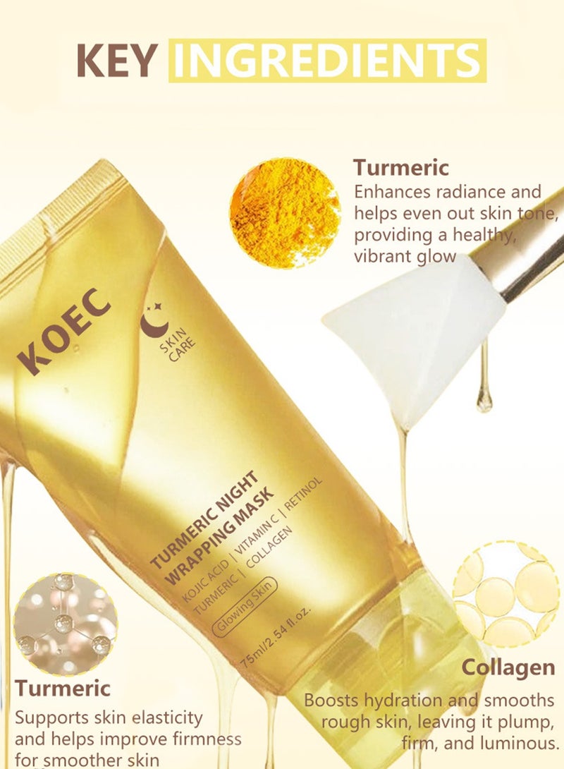 KOEC Turmeric Overnight Wrapping Peel Off Mask with Applicator ,Nourishes Dull with Hydrolyzed Collagen for Glowing Skin & Improved Elasticity,75ml - Image 2