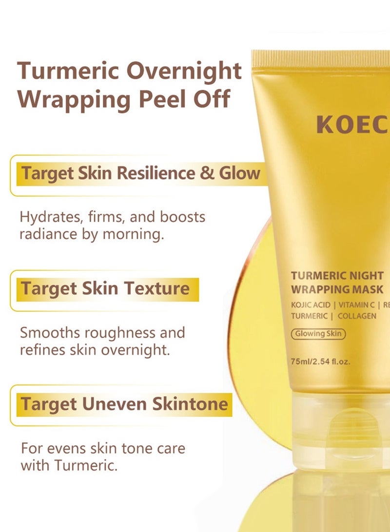 KOEC Turmeric Overnight Wrapping Peel Off Mask with Applicator ,Nourishes Dull with Hydrolyzed Collagen for Glowing Skin & Improved Elasticity,75ml - Image 3