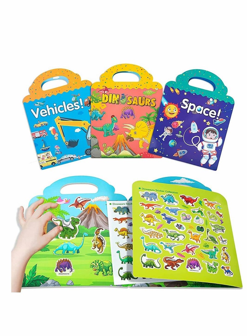 KASTWAVE Sticker Book Toys, Children Scene Stickers for Kids 3 - 5 Boy Girl Gifts, Reusable Static Sticker DIY Learning Toys for Great Birthday Gift, Vehicles Dinosaur Space (3 Pcs) - Image 1