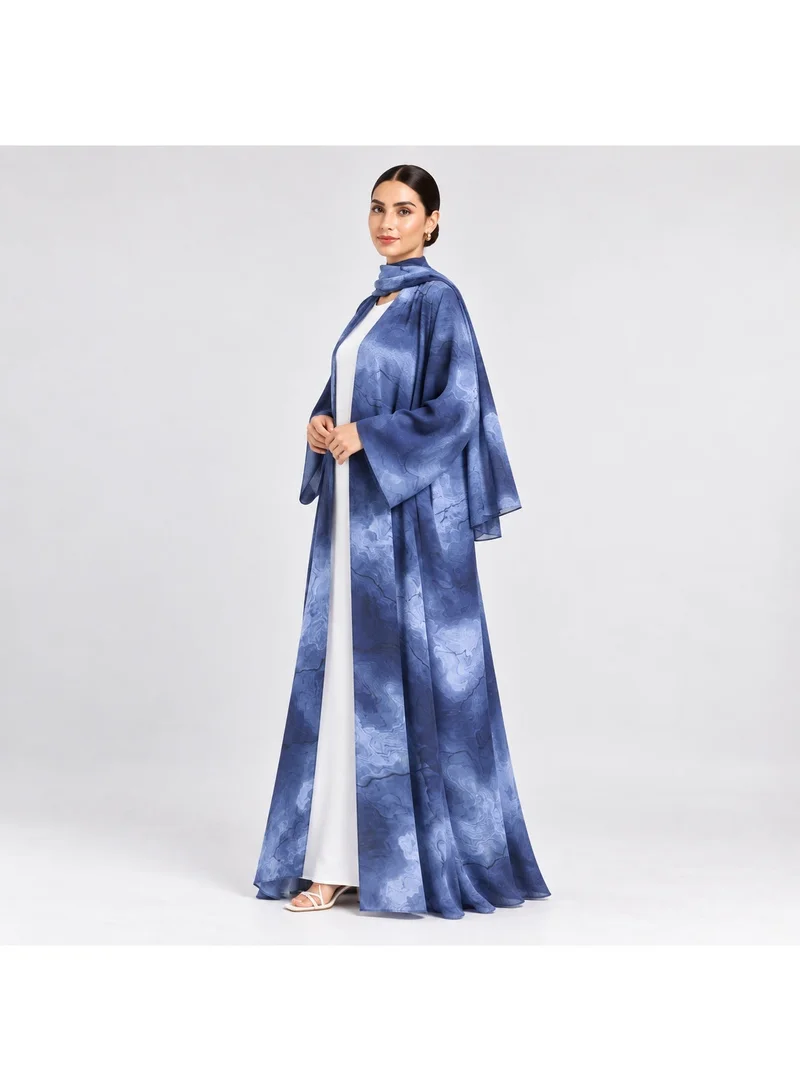 Neuness Women's 3-Piece Blue Marble Print Abaya Set with Open Front Kimono Sleeves, Inner Dress & Scarf