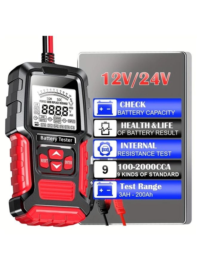 أداة فحص بطارية السيارة الرقمية الحمراء 12 فولت 24 فولت شاشة LCD لتشخيص المركبات والشاحنات والدراجات النارية - Image 2