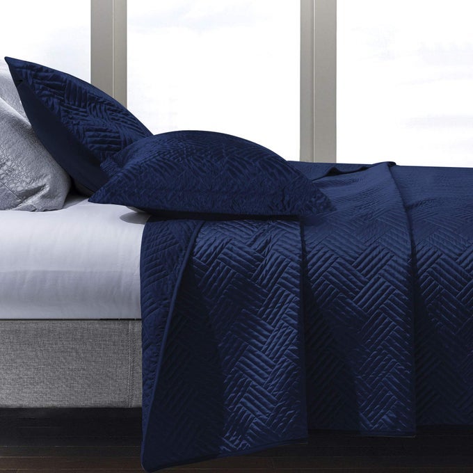 QUEEN SILK SATIN QUILT SET GEOMETRIC PATTERN BEDSPREAD LUXURY QUILTED COVERLET SET FOR ALL SEASONS1 QUILT 2 PILLOW SHAMS NAVY BLUE