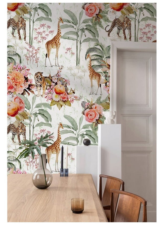 HAOKHOME 93243 Peel And Stick Floral Wallpaper Jungle Animal Removable White/Green/Pink Vinyl Self Adhesive Mural 17.7In X 9.8Ft  - Image 2