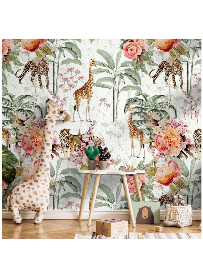 HAOKHOME 93243 Peel And Stick Floral Wallpaper Jungle Animal Removable White/Green/Pink Vinyl Self Adhesive Mural 17.7In X 9.8Ft  - Image 3