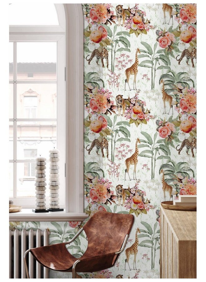 HAOKHOME 93243 Peel And Stick Floral Wallpaper Jungle Animal Removable White/Green/Pink Vinyl Self Adhesive Mural 17.7In X 9.8Ft  - Image 4