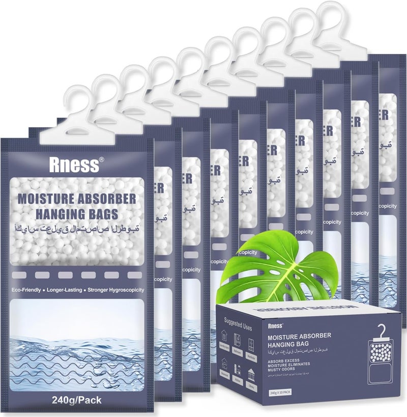 Rness Moisture Absorber Bags (10 Pack, 240g Each) - Calcium Chloride Hanging Dehumidifier for Closet, 530ml Water Bag, Fragrance Free Moisture Remover for Wardrobe & Home - Image 1