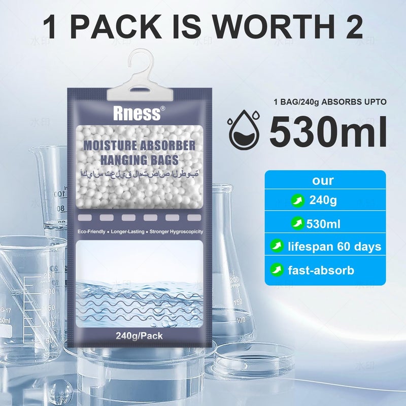 Rness Moisture Absorber Bags (10 Pack, 240g Each) - Calcium Chloride Hanging Dehumidifier for Closet, 530ml Water Bag, Fragrance Free Moisture Remover for Wardrobe & Home - Image 4