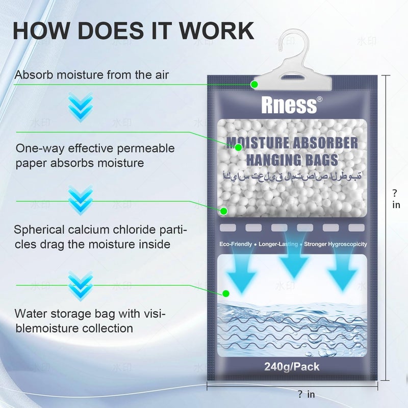 Rness Moisture Absorber Bags (10 Pack, 240g Each) - Calcium Chloride Hanging Dehumidifier for Closet, 530ml Water Bag, Fragrance Free Moisture Remover for Wardrobe & Home - Image 2