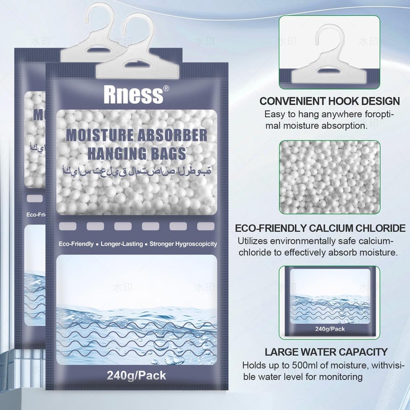 Rness Moisture Absorber Bags (10 Pack, 240g Each) - Calcium Chloride Hanging Dehumidifier for Closet, 530ml Water Bag, Fragrance Free Moisture Remover for Wardrobe & Home - Image 3