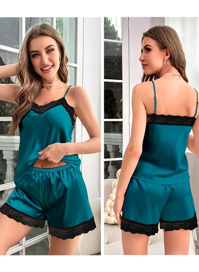 Loquat Women's Lace Stitching 2-Piece Set Nightgown Sleepwear Camisole Top And Shorts Soft Loungewear Pajamas  Suit Peacock Blue/Black  - Image 2