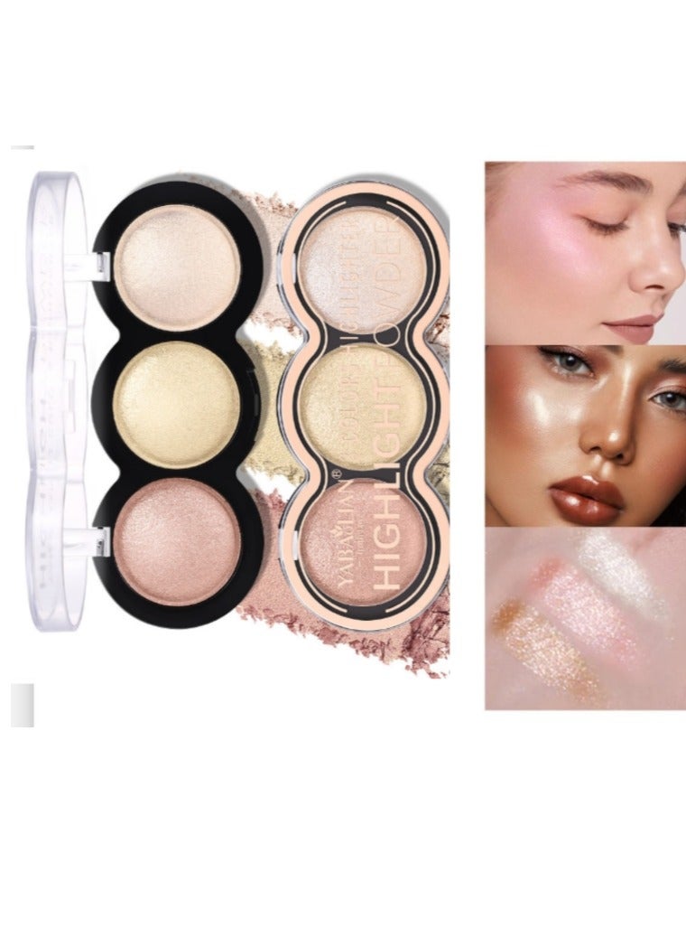 يابوليان لوحة بودرة هايلايتر لامعة من 3 ألوان، 3 في 1 أحمر خدود وبودرة هايلايتر، مقاومة للماء وتدوم طويلاً، إضاءة وجه مصبوغة للغاية للحصول على مظهر متوهج، لوحة واحدة رقم 3 - Image 1