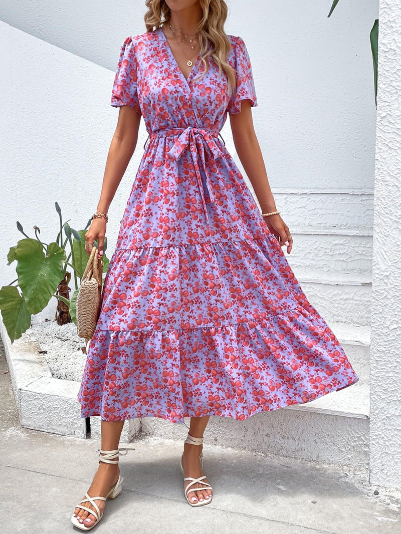 MASCOMODA Womens Summer Boho Maxi Dress Floral Wrap V Neck Flutter Short Sleeve Tie Waist A Line Tiered Flowy Long Dresses(Purple and Red,Medium) - Image 3