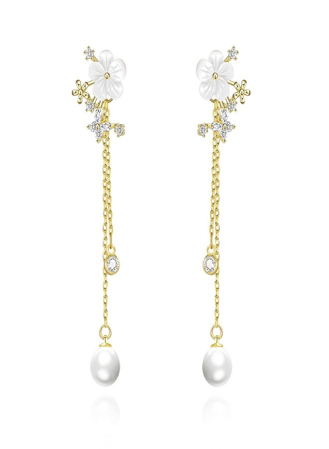 Zeffy Pearl Earrings for Women 14k Gold/Silver Pearl Drop Earrings Long White Pearl Tassel Dangle Statement Earrings Bridal Wedding Dainty Prom Earrings Birthday Gifts Jewelry, 2.6", Brass, Cubic - Image 1