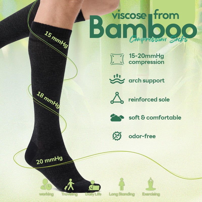 Iambamboo Mens Compression Socks for Men Women (3 Pairs) 15-20 mmHg Bamboo Viscose Knee High Sock for Travel S/M (Dark Gray&Steel Blue&Teal) - Image 5