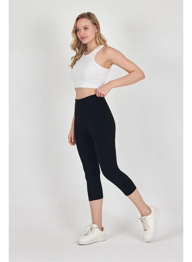 Women's Black High-Waist Gathered Capri Leggings.