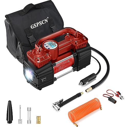 GSPSCN ضاغط هواء رقمي محمول لإطارات السيارات GSPSCN مع مقياس 150Psi وإيقاف تشغيل تلقائي، مضخة هواء ثقيلة مزدوجة الأسطوانات 12V مع ضوء LED للسيارات والشاحنات والدراجات الهوائية والمركبات الترفيهية والسيارات الرياضية والكرات وغيرها. (أحمر) - Image 1