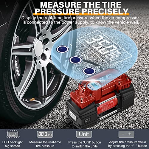 GSPSCN ضاغط هواء رقمي محمول لإطارات السيارات GSPSCN مع مقياس 150Psi وإيقاف تشغيل تلقائي، مضخة هواء ثقيلة مزدوجة الأسطوانات 12V مع ضوء LED للسيارات والشاحنات والدراجات الهوائية والمركبات الترفيهية والسيارات الرياضية والكرات وغيرها. (أحمر) - Image 3