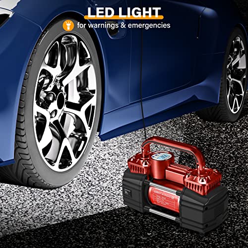 GSPSCN ضاغط هواء رقمي محمول لإطارات السيارات GSPSCN مع مقياس 150Psi وإيقاف تشغيل تلقائي، مضخة هواء ثقيلة مزدوجة الأسطوانات 12V مع ضوء LED للسيارات والشاحنات والدراجات الهوائية والمركبات الترفيهية والسيارات الرياضية والكرات وغيرها. (أحمر) - Image 5