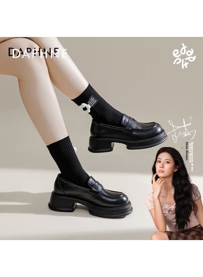 Daphne Thick-soled Loafers For Women, British Style, Black, Simple Leather Shoes, Women's Flats, Black, Size 35 - Image 1