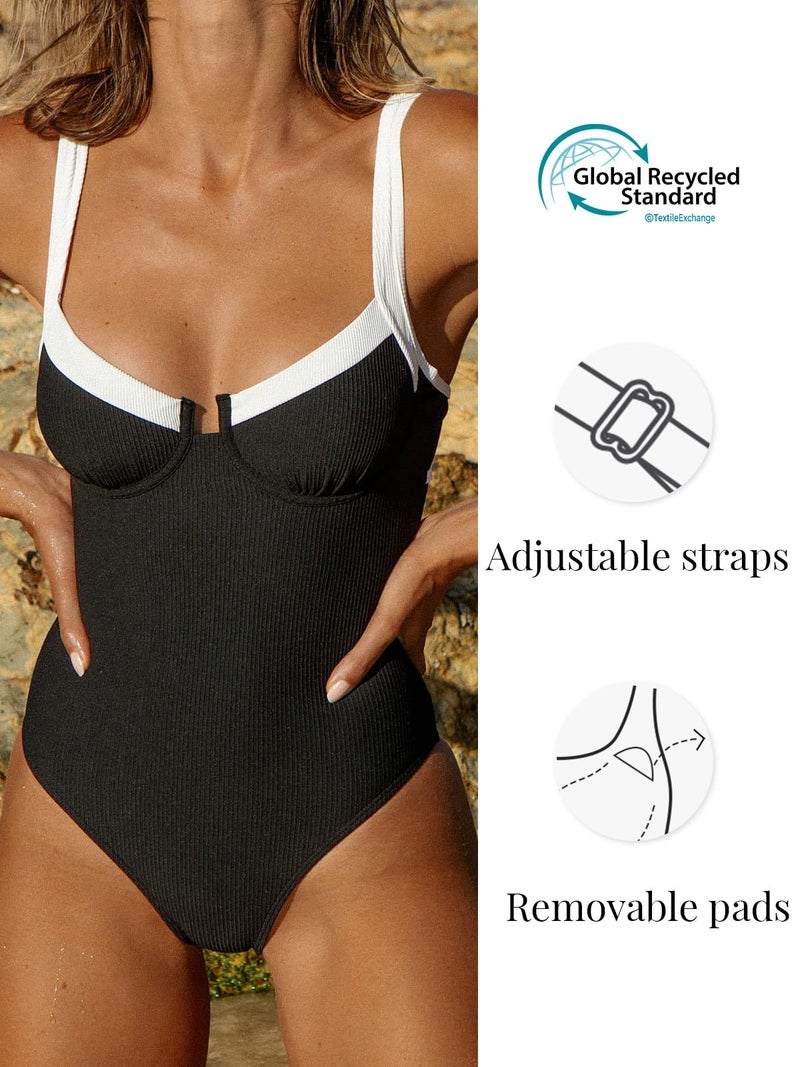 BERLOOK One Piece Swimsuit Women Tummy Control Ribbed Retro Bathing Suits Contrast Trim Knotted Sety Slimming Swimwear Black, M - Image 5
