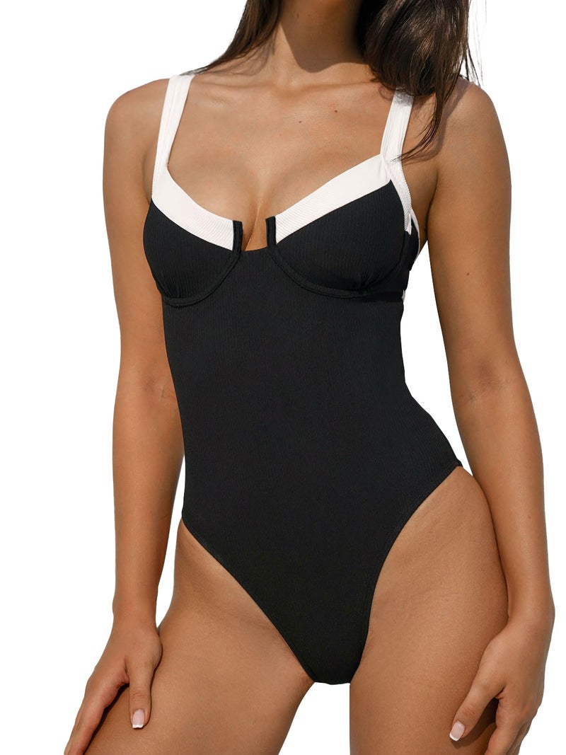 BERLOOK One Piece Swimsuit Women Tummy Control Ribbed Retro Bathing Suits Contrast Trim Knotted Sety Slimming Swimwear Black, M - Image 1
