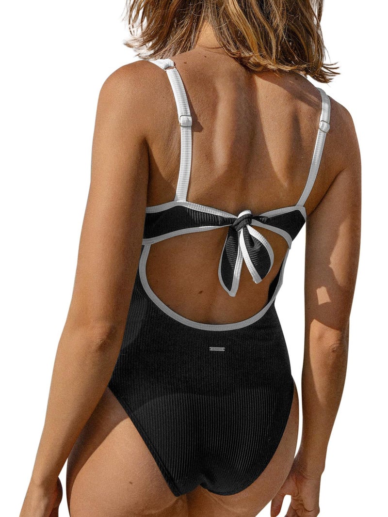 BERLOOK One Piece Swimsuit Women Tummy Control Ribbed Retro Bathing Suits Contrast Trim Knotted Sety Slimming Swimwear Black, M - Image 4