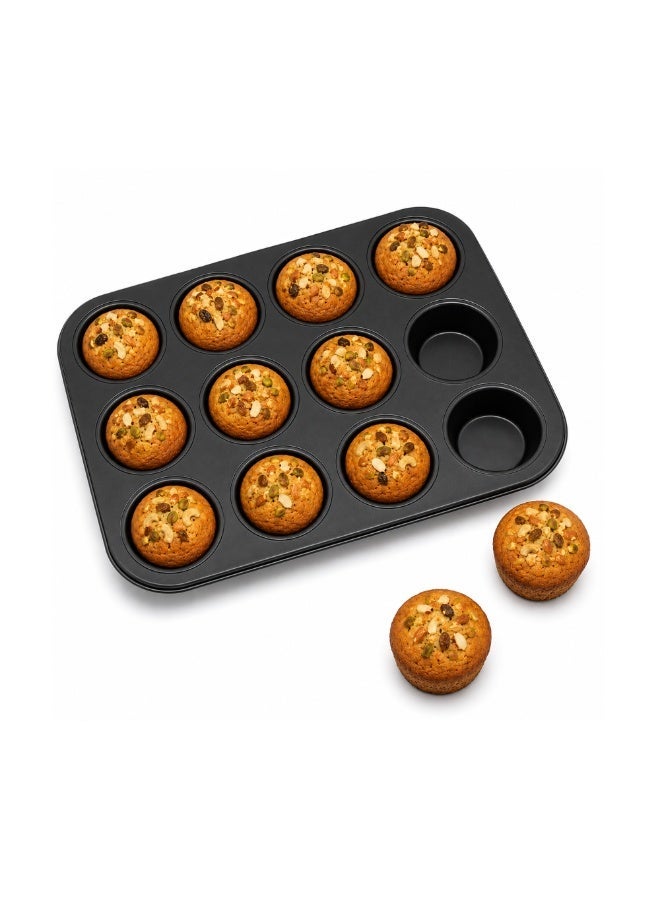 Beram 12 Cup Cake Tray Black Non Stick Carbon Steel Muffin Pan Durable Oven Safe Bakeware Baking Moldfor Cupcakes Muffins Brownies Cookies Pastry and Desserts - Image 1