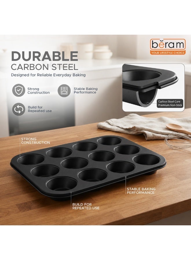 Beram 12 Cup Cake Tray Black Non Stick Carbon Steel Muffin Pan Durable Oven Safe Bakeware Baking Moldfor Cupcakes Muffins Brownies Cookies Pastry and Desserts - Image 5