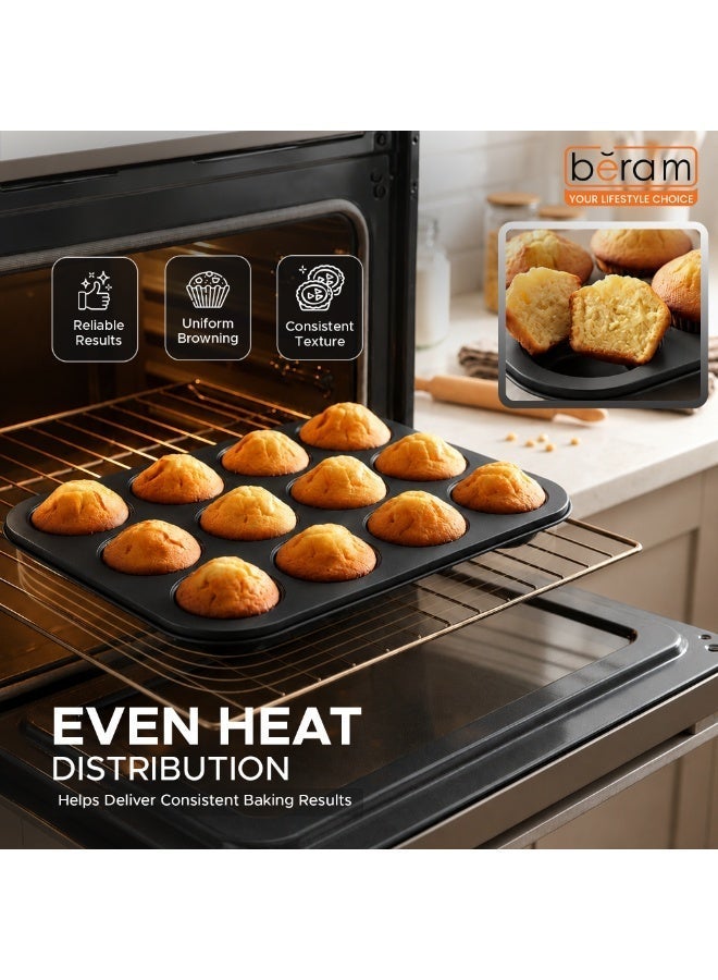 Beram 12 Cup Cake Tray Black Non Stick Carbon Steel Muffin Pan Durable Oven Safe Bakeware Baking Moldfor Cupcakes Muffins Brownies Cookies Pastry and Desserts - Image 4