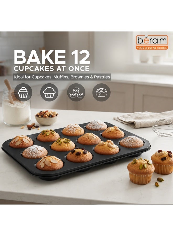 Beram 12 Cup Cake Tray Black Non Stick Carbon Steel Muffin Pan Durable Oven Safe Bakeware Baking Moldfor Cupcakes Muffins Brownies Cookies Pastry and Desserts - Image 2