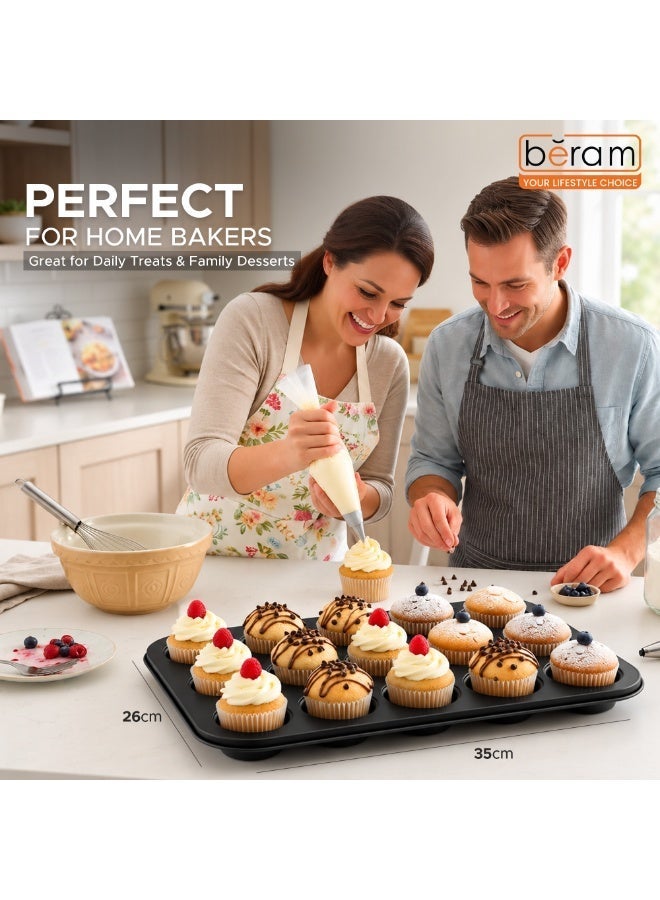 Beram 12 Cup Cake Tray Black Non Stick Carbon Steel Muffin Pan Durable Oven Safe Bakeware Baking Moldfor Cupcakes Muffins Brownies Cookies Pastry and Desserts - Image 3