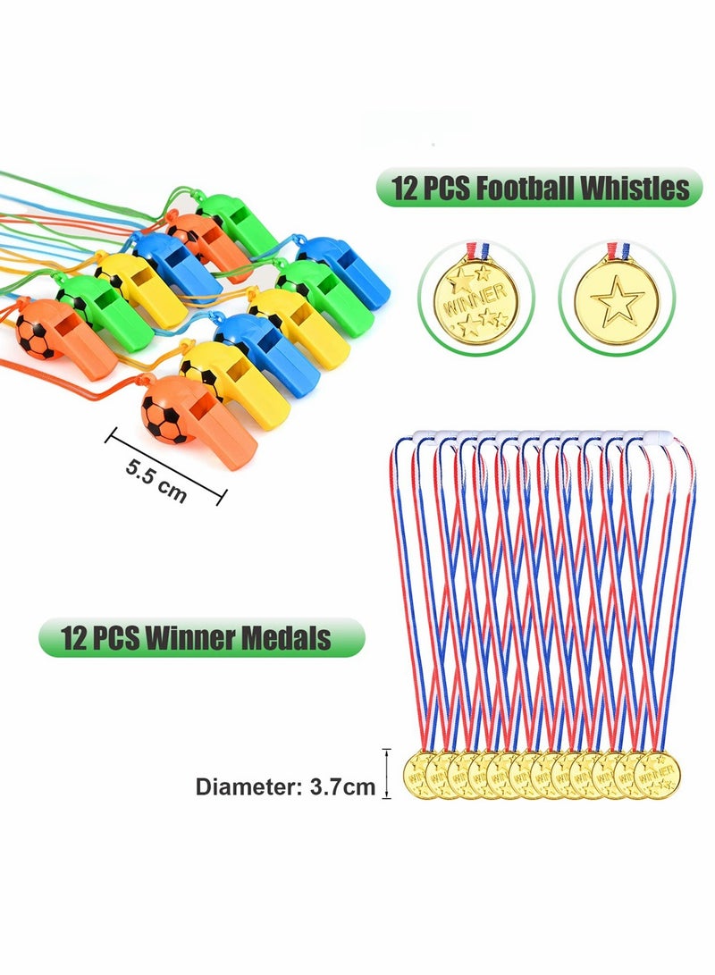 Football Party Bags Fillers Party Supplies, Football Key Rings, Wristbands, Tattoos, Whistles, Balloons, Gift Bags, Winner Medals Football Party Favors for Kids Boys Girls Birthday Gift, 87 Pcs
